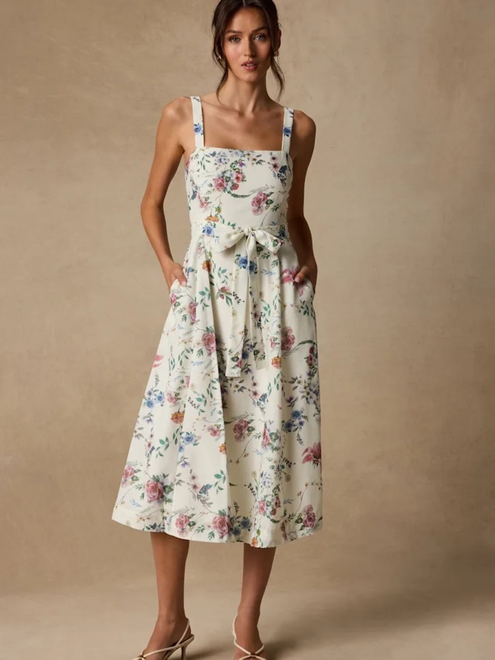 Lulu’s Sunny Posture Ivory Floral Sleeveless Midi Dress